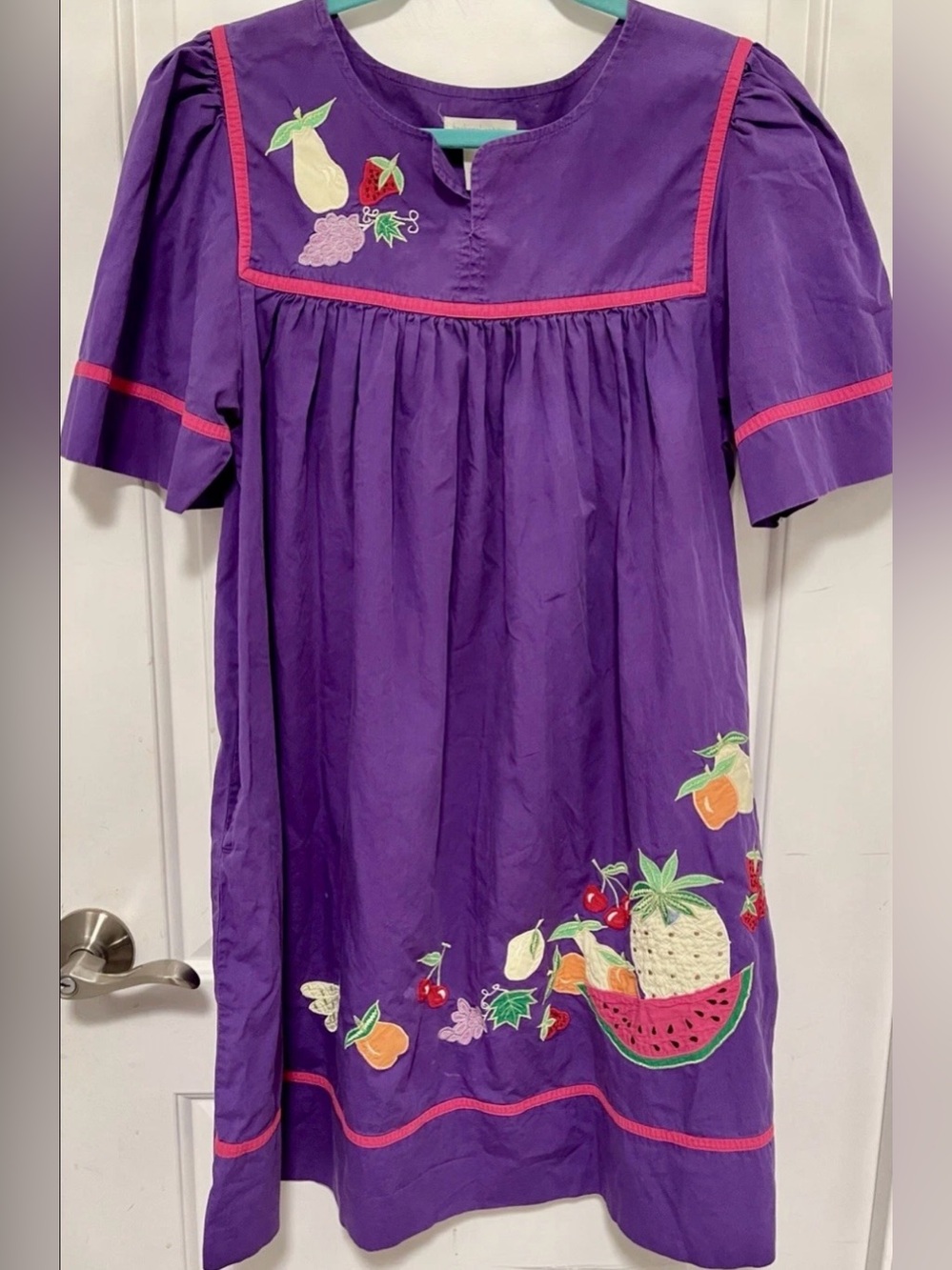 Vintage Bechamel Embroidered Fruit Mumu Housedress Purple Petite Large